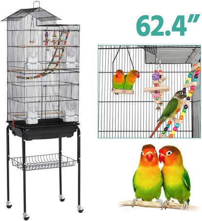 Bird Cage 64-Inch Play Open Top Medium Small Parrot Parakeet Bird Cages with Detachable Rolling Stand for Parrot Lovebirds Finches Parakeets Budgie Parrotlet Conures, Pet Flight Birdcage