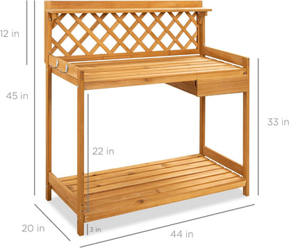 Outdoor Garden Potting Bench, Wooden Workstation Table W/Cabinet Drawer, Open Shelf, Lower Storage, Lattice Back - Natural