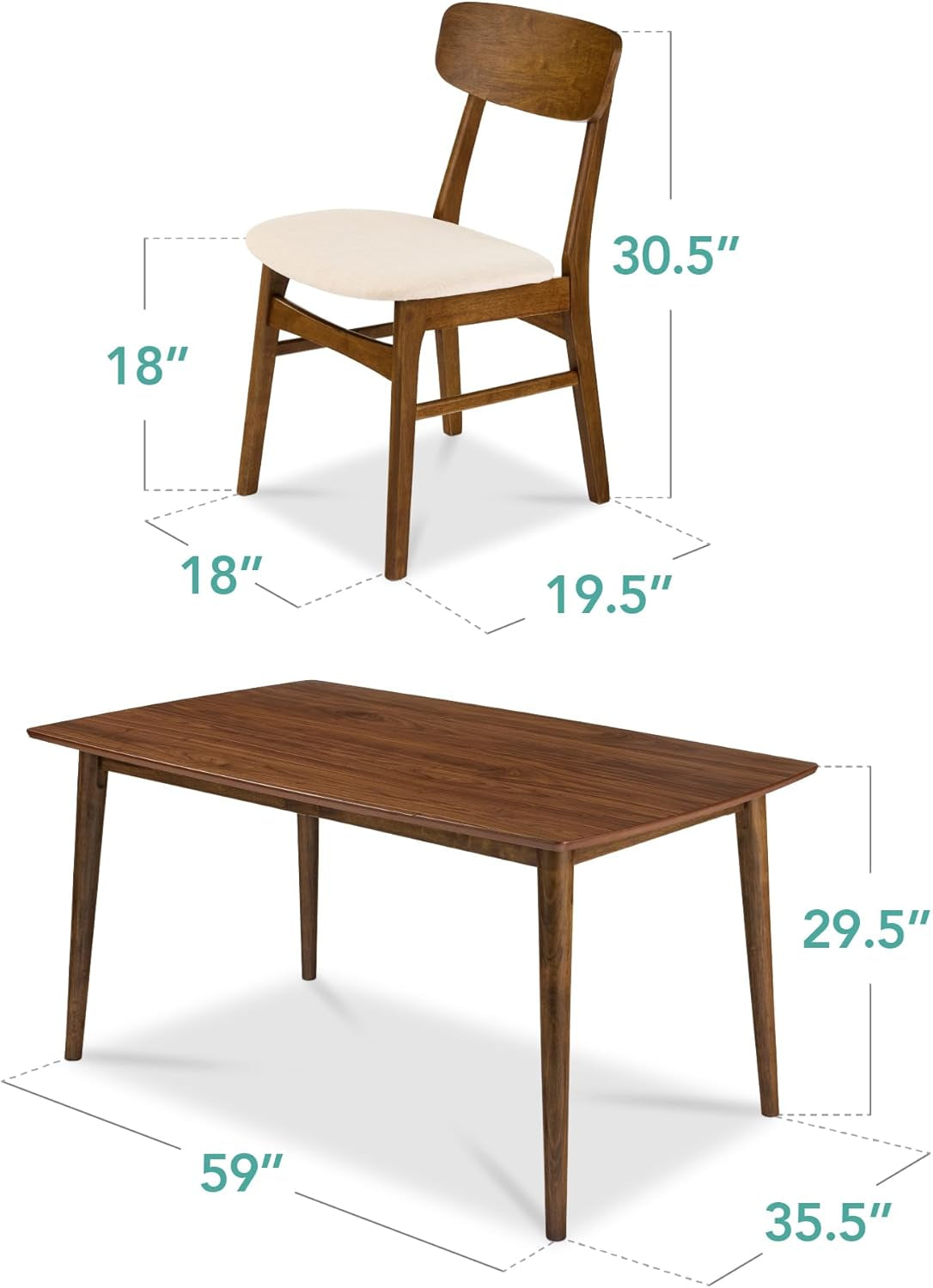 7-Piece Wooden Dining Set, Mid-Century Modern Table &amp; Upholstered Chair Set W/ 6 Chairs, Rubberwood Legs - Walnut/Cream