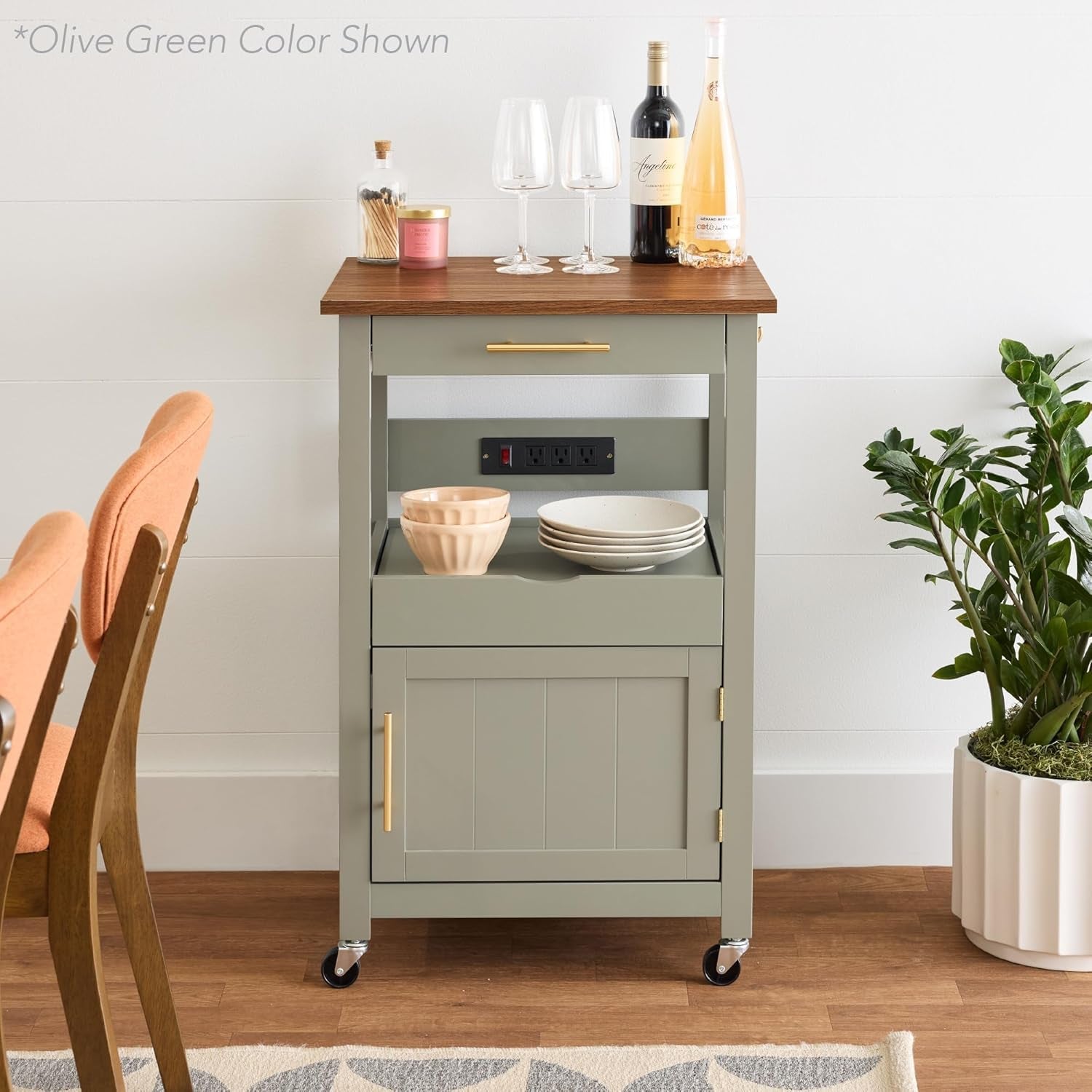 Rolling Kitchen Island Cart, Single Door Cabinet W/Drawer, Sliding Tray, Hidden Outlet, Hooks, &amp; Lockable Wheels - Onyx Black