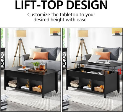 Black Coffee Table, 47.5In Lift Top Coffee Table, Lift up Center Table W/Hidden Compartment &amp; 3 Cube Open Shelves for Living Room