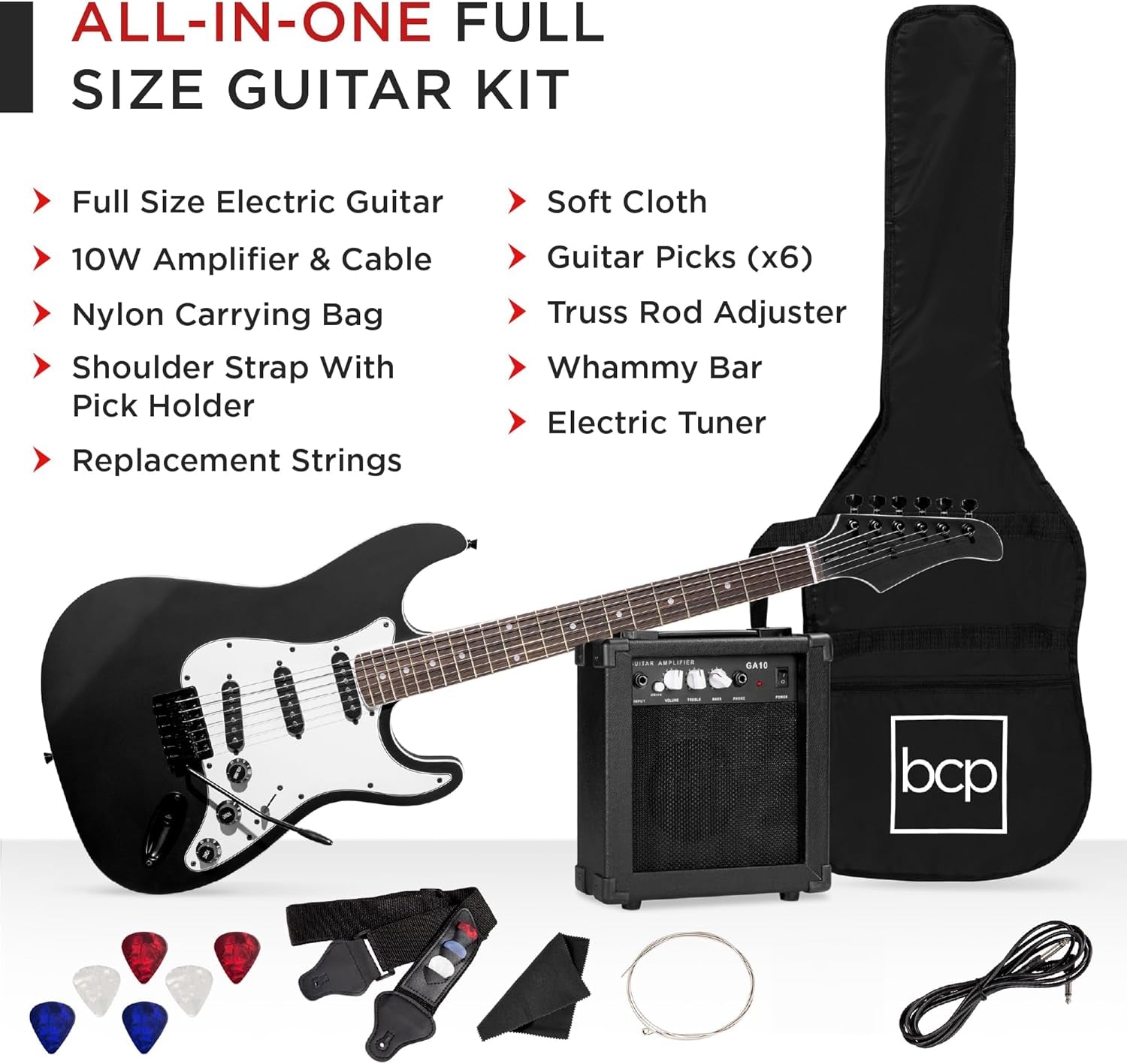 39In Full Size Beginner Electric Guitar Starter Kit W/Case, Strap, 10W Amp, Strings, Pick, Tremolo Bar - Jet Black