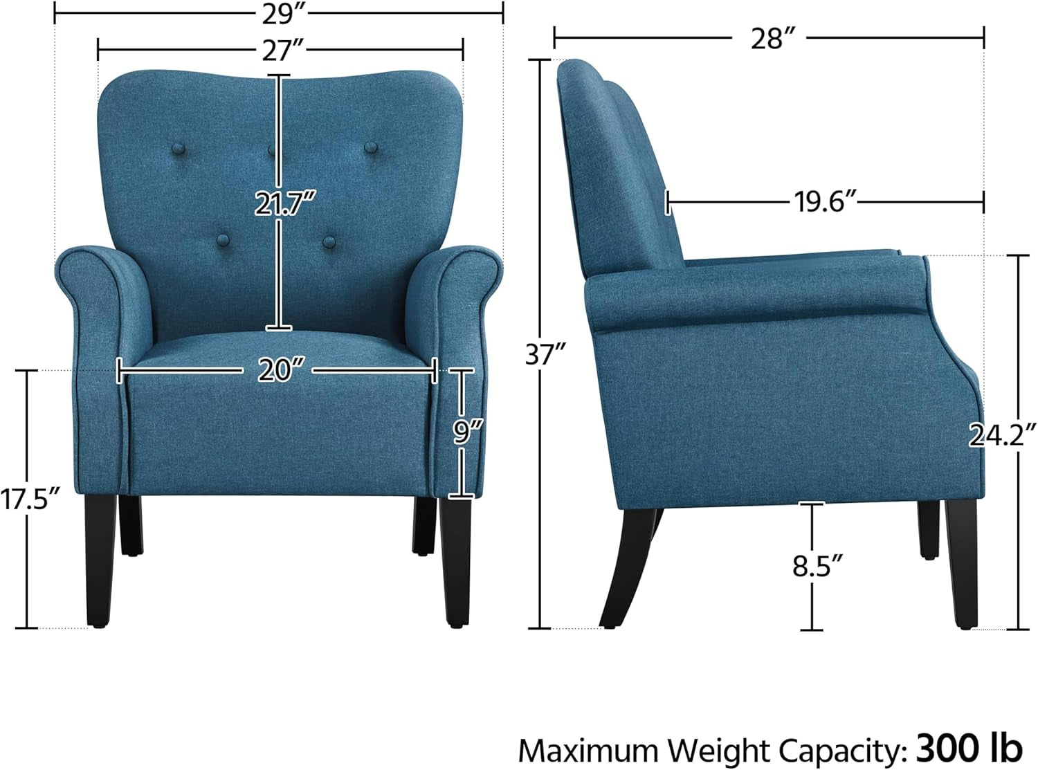 Modern Armchair, Mid Century Accent Chair with Sturdy Wood Legs and High Back for Small Space, Upholstered Fabric Sofa Club Chair for Living Room/Bedroom/Office, Navy Blue