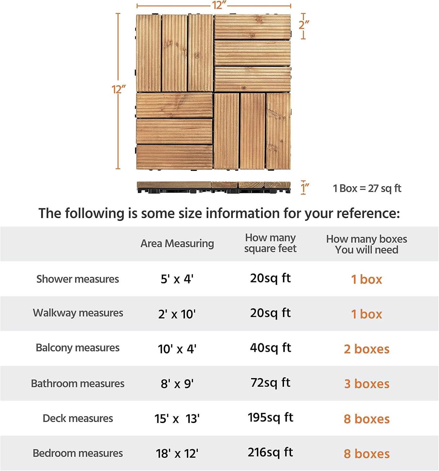 Patio Tiles Wooden Interlocking Deck Tiles 27PCS Garden Floor 12&quot;X12&quot;Indoor Outdoor Composite Decking for Porch Poolside Balcony Backyard1 Sq. Ft/Piece, Natural Wood