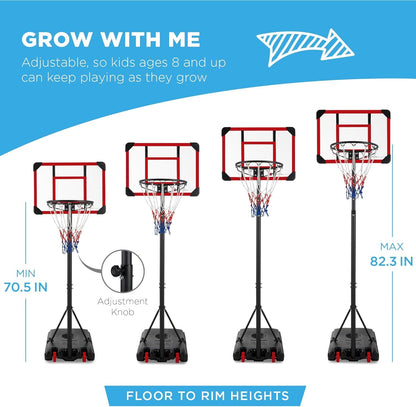 Kids Height-Adjustable Basketball Hoop System, Portable Game W/Wheels, Fillable Base, 70.5In to 82.3In Height