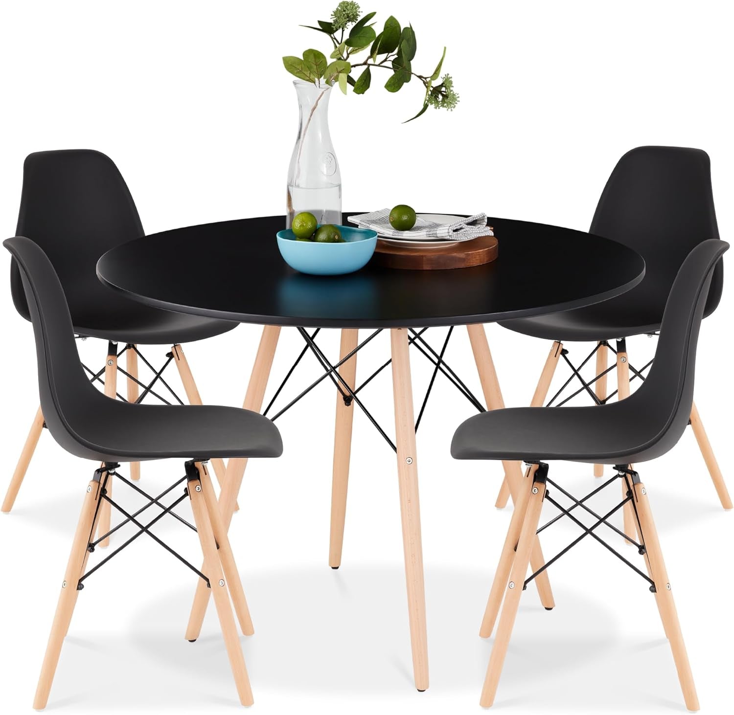 5-Piece Dining Set, Compact Mid-Century Modern Table &amp; Chair Set for Home, Apartment W/ 4 Chairs, Plastic Seats, Wooden Legs, Metal Frame - Light Green/Oak