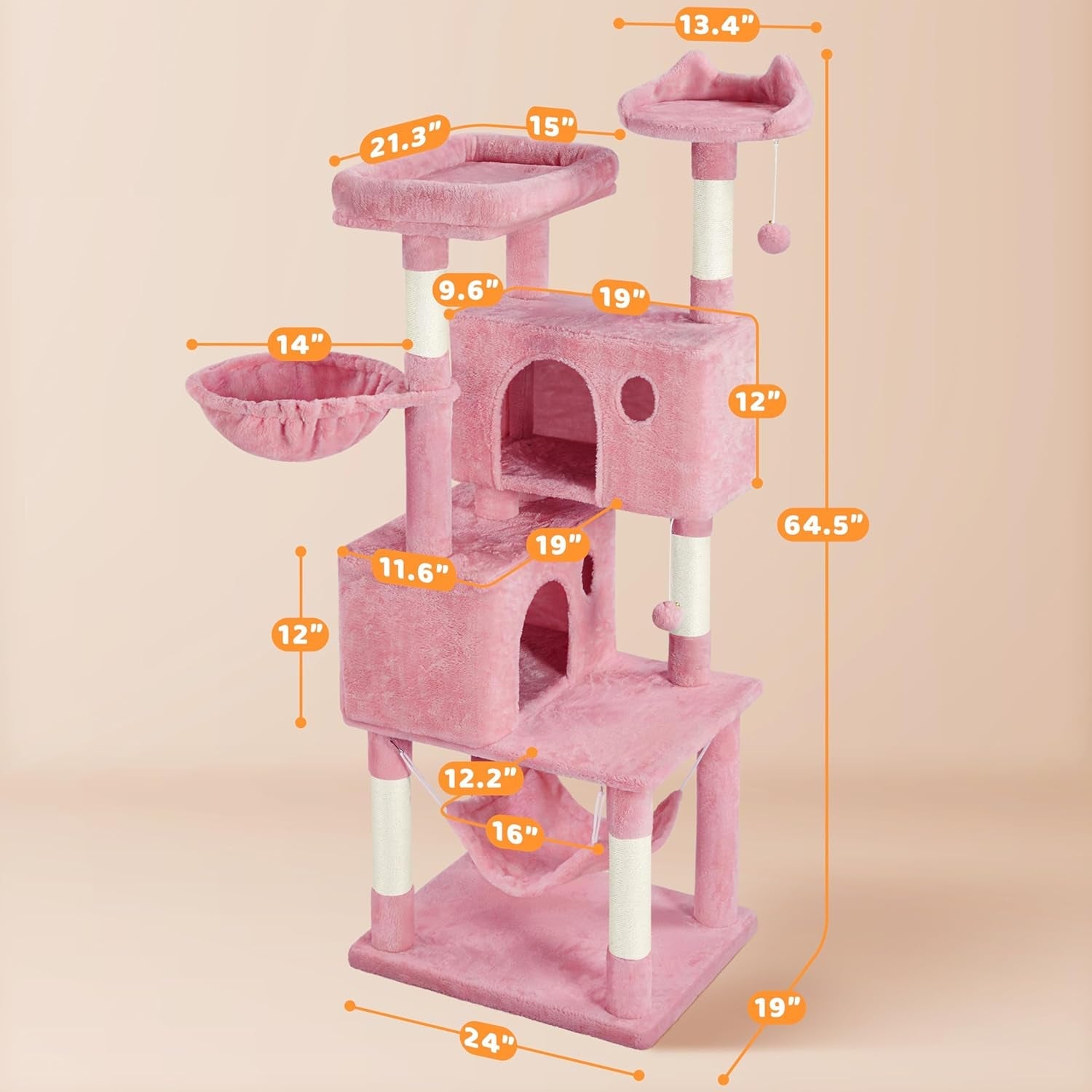 Multi-Level Cat Tree, Large Cat Tower with Condos Platform 64In, Cat House Cat Tree for Medium Cats Pink