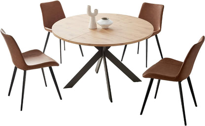 46.4&quot; round Dining Table Set, Mid Century Modern round Dining Table for 4-6 Person, W/Steel Legs, Coffee Table for Kitchen Dining Room, Office, save Space (1 Table with 4 Brown Chairs)