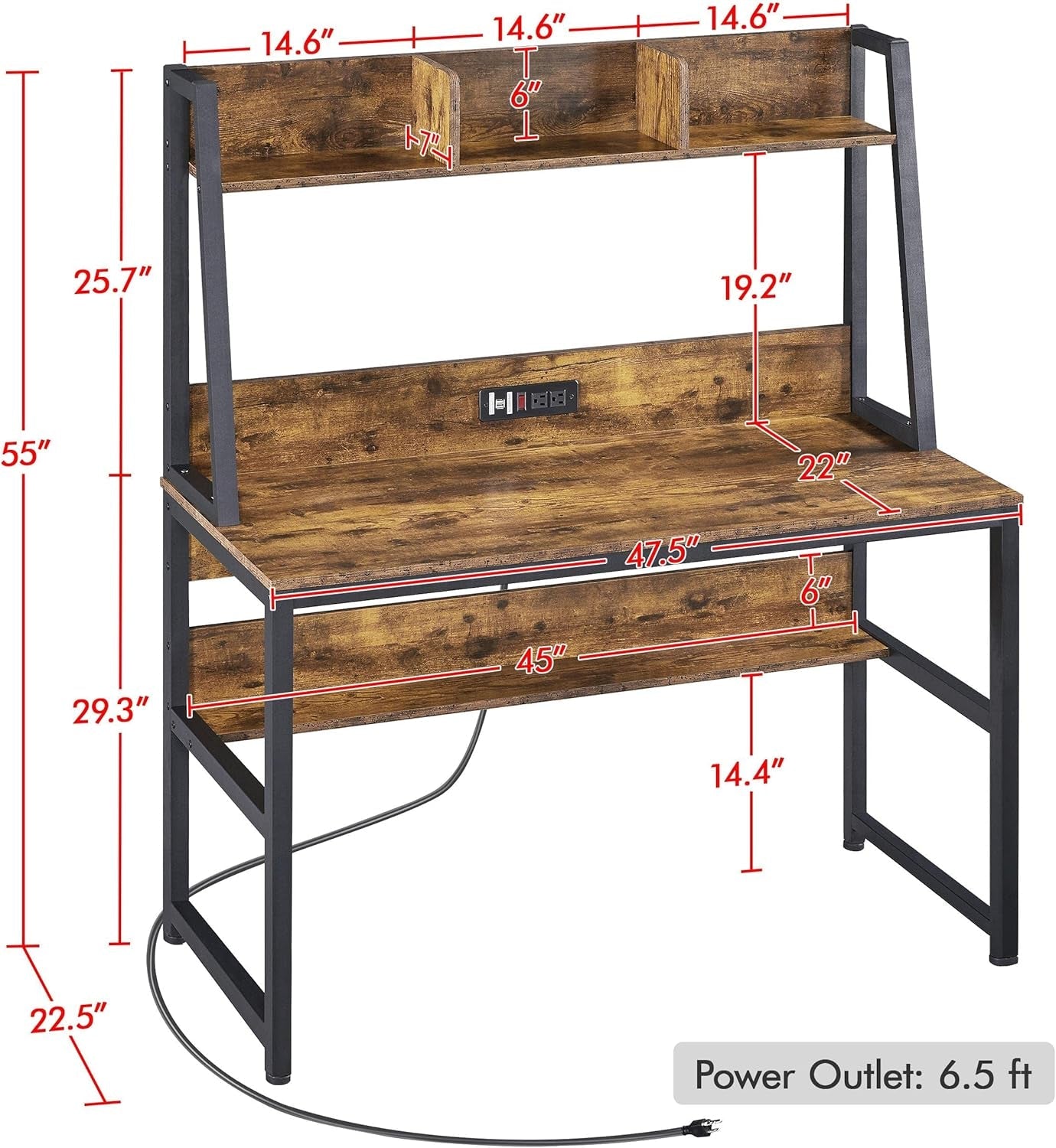 47 in Modern Computer Desk with Power Outlets and 2 USB Ports, Home Office Study Writing Desk with Hutch and Bookshelf, Large Workstation Gaming Table with Charging Station, Rustic Brown