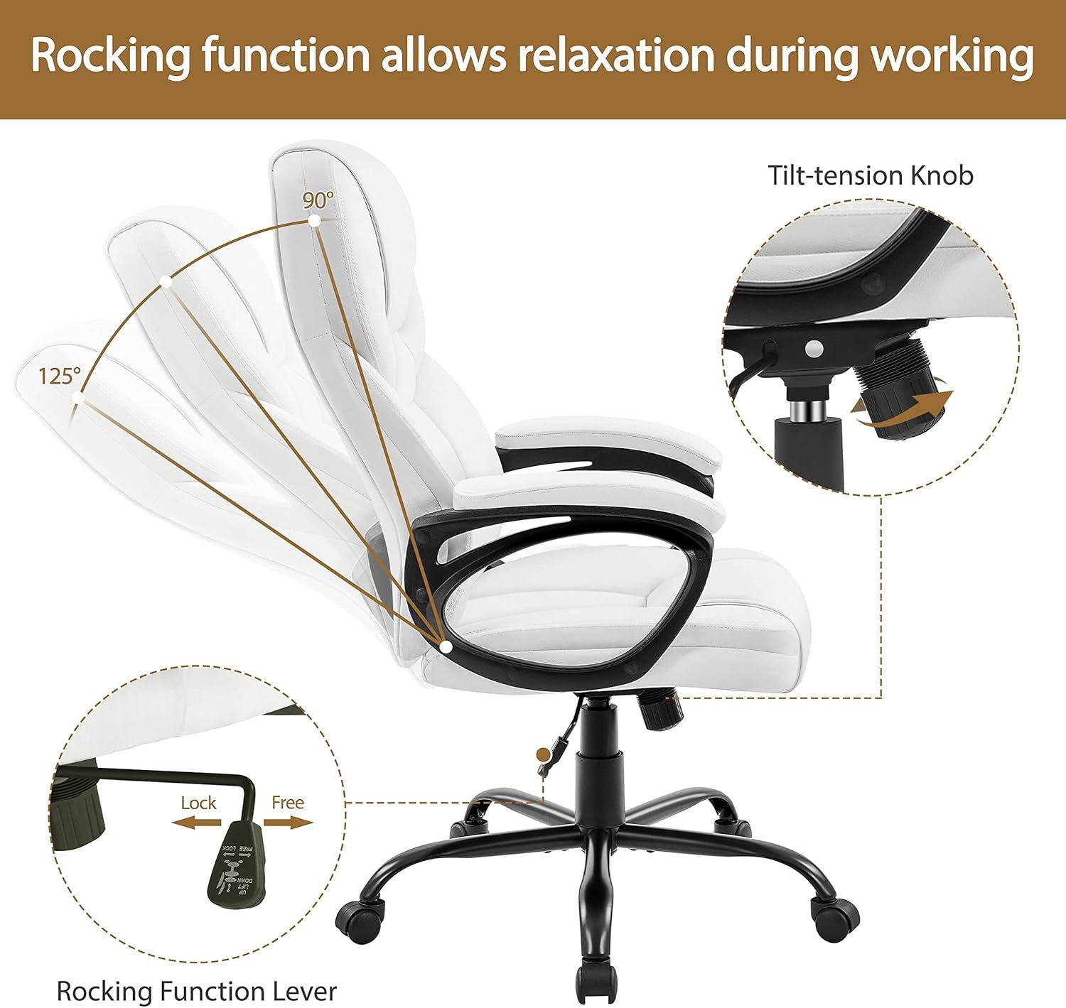 High Back Executive Chair Faux Leather Managerial Chair Ergonomic Task Chair Computer Meeting Chair Large Seat Swivel Chair, Sturdy Metal Base,White