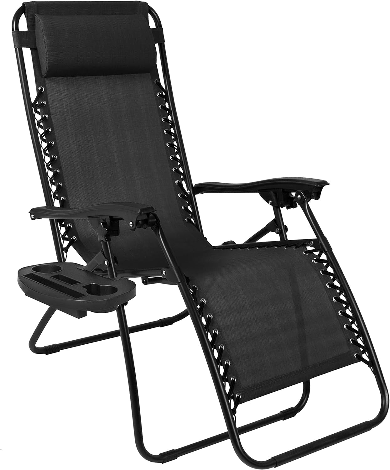 Set of 2 Adjustable Steel Mesh Zero Gravity Lounge Chair Recliners W/Pillows and Cup Holder Trays - Black