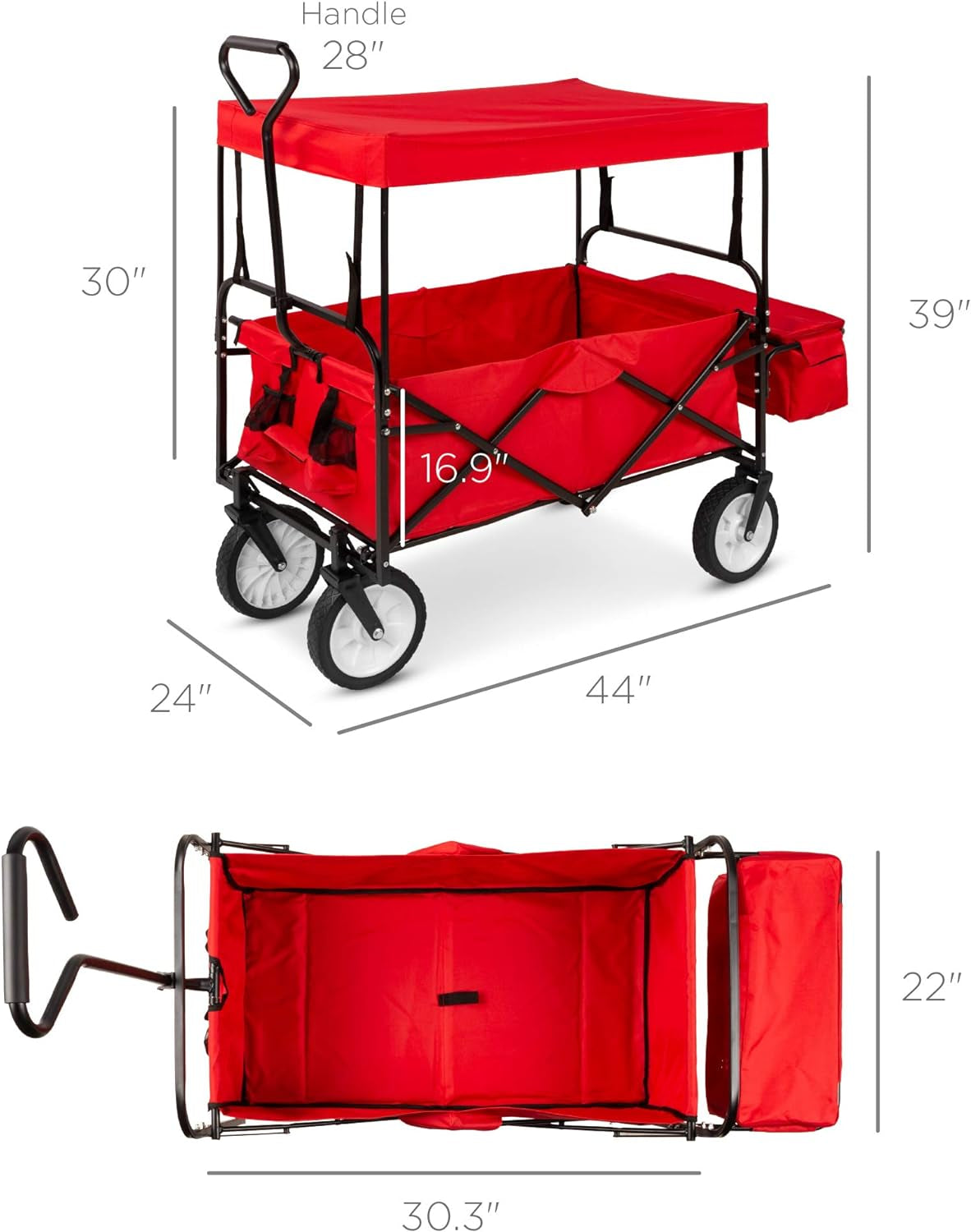 Collapsible Folding Outdoor Utility Wagon with Canopy Garden Cart for Beach, Picnic, Camping, Tailgates W/Removable Canopy, Detachable Pockets, 150Lb Weight Capacity - Red