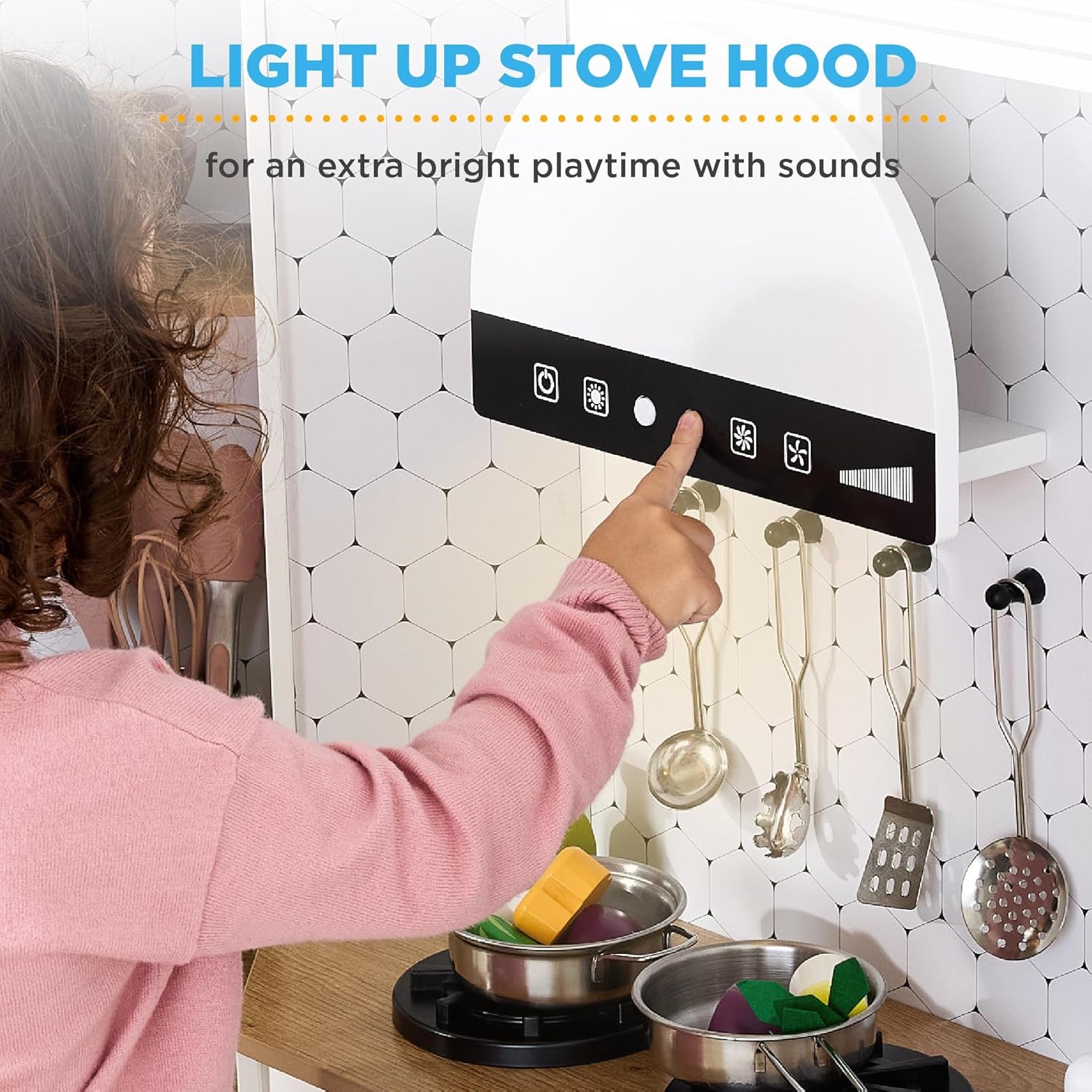 Pretend Play Corner Kitchen, Ultimate Interactive Wooden Kids Playset W/Lights &amp; Sounds, Ice Maker, Hood - Farmhouse White