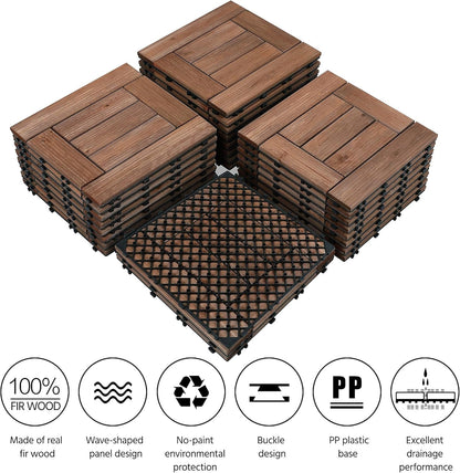 27PCS Wooden Flooring Patio Deck Tiles Interlocking Tiles Patio Solid Wood and Plastic Indoor&amp;Outdoor 12 X 12In Brown