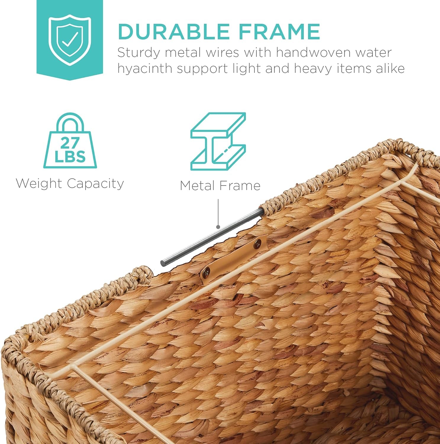 Water Hyacinth Rolling Filing Cabinet, Woven Mobile Storage Basket, Portable File Organizer for Legal &amp; Letter Size Memos W/Lid, 4 Locking Wheels - Natural