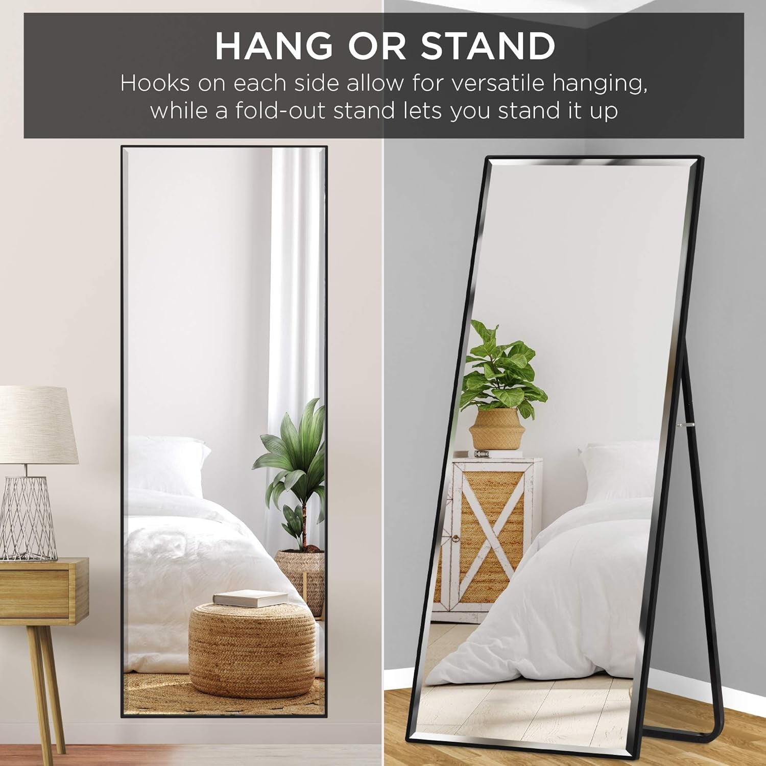 Large 65X22In Full Length Mirror, Rectangular Hanging &amp; Leaning Floor Mirror for Bedroom, Living Room, Vertical, Horizontal W/High Clarity, Beveled Edges, Anti-Blast Film - Black