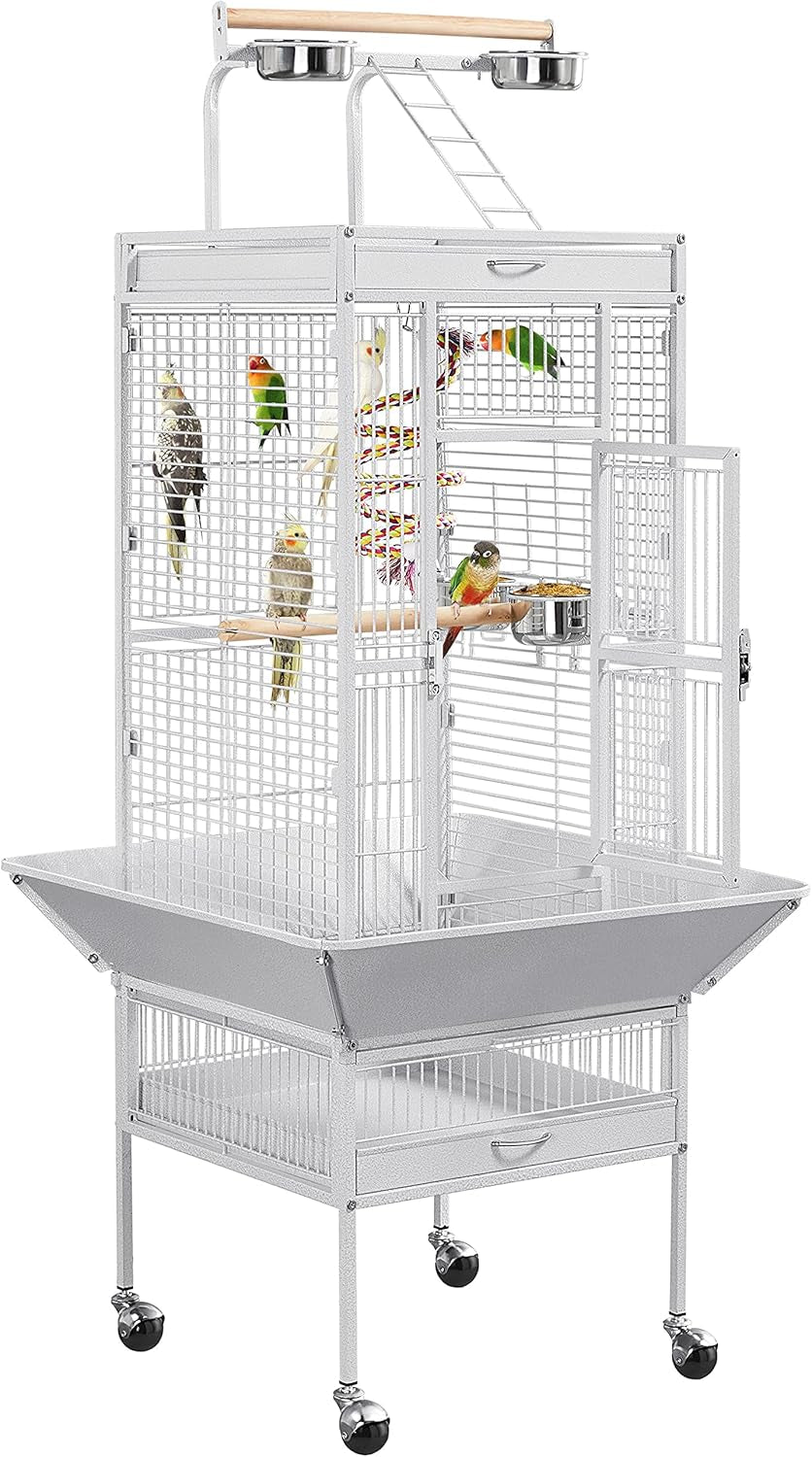 Wrought Iron Bird Cages, Play Top Large Aviary with Stand for Cockatiel Parrot Sun Parakeet Conures Lovebird Budgie Finch African Grey White, 61-Inch