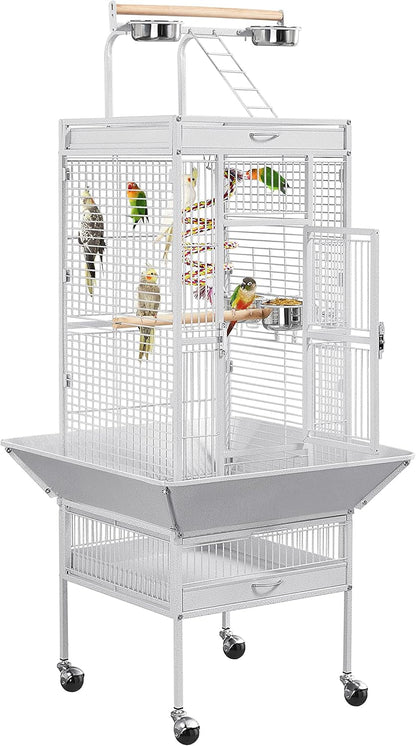 Wrought Iron Bird Cages, Play Top Large Aviary with Stand for Cockatiel Parrot Sun Parakeet Conures Lovebird Budgie Finch African Grey White, 61-Inch