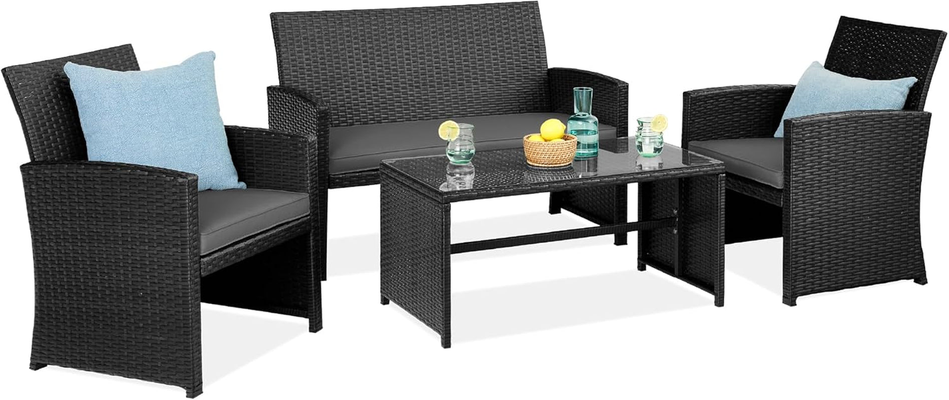 4-Piece Outdoor Wicker Patio Conversation Furniture Set for Backyard W/Coffee Table, Seat Cushions - Gray/Navy