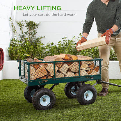 Utility Garden Cart Wagon for Lawn, Yard W/Heavy-Duty Steel 400Lb Weight Capacity, Removable Sides, Long Handle, 10In Tires - Green