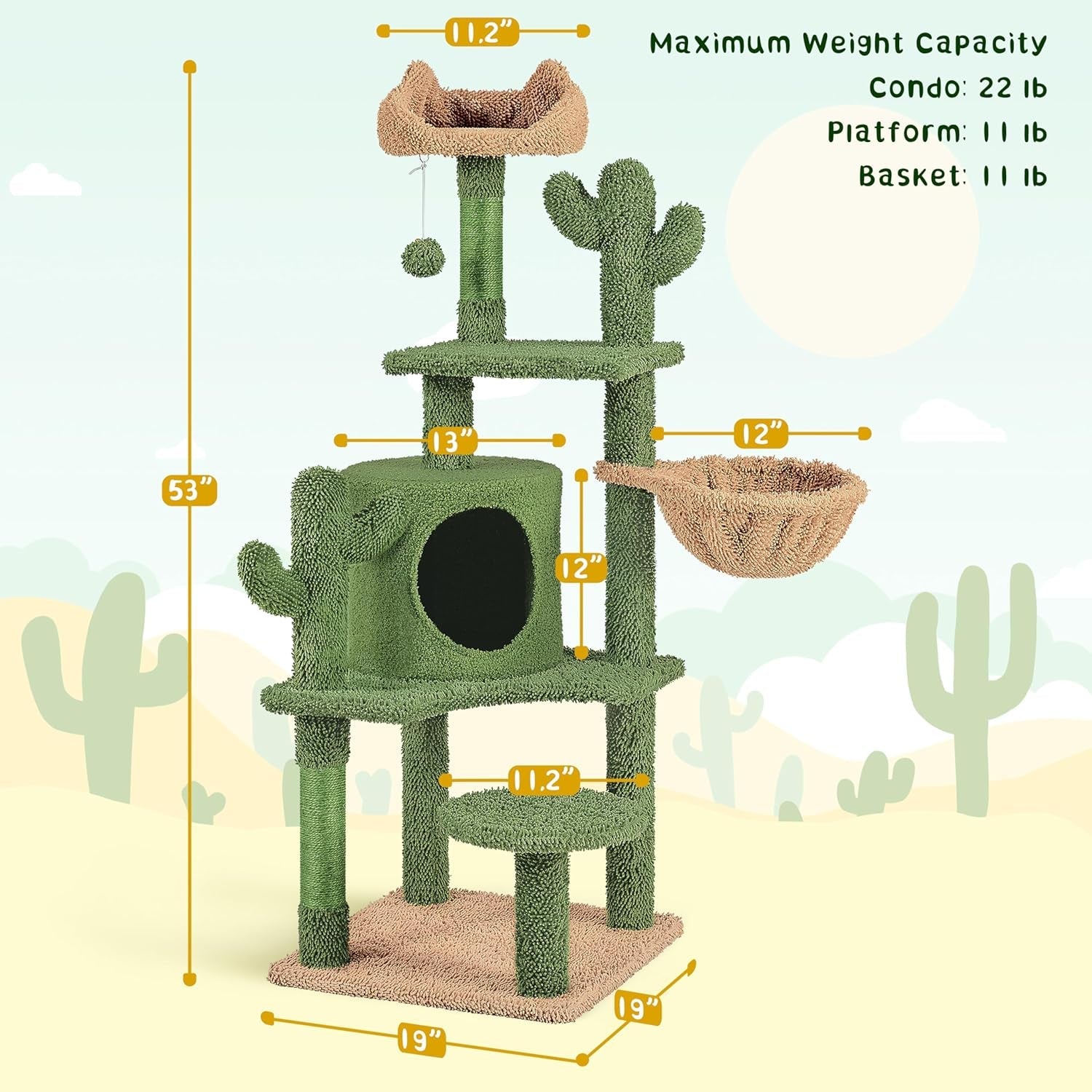 Cactus Cat Tree, 53.5In Cat Tower for Indoor Cats with Sisal Covered Scratching Post, Condo, Plush Perches and Fluffy Balls, Multi-Level Cat Climbing Tree Play House Activity Center, Green