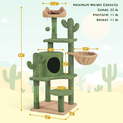 Cactus Cat Tree, 53.5In Cat Tower for Indoor Cats with Sisal Covered Scratching Post, Condo, Plush Perches and Fluffy Balls, Multi-Level Cat Climbing Tree Play House Activity Center, Green