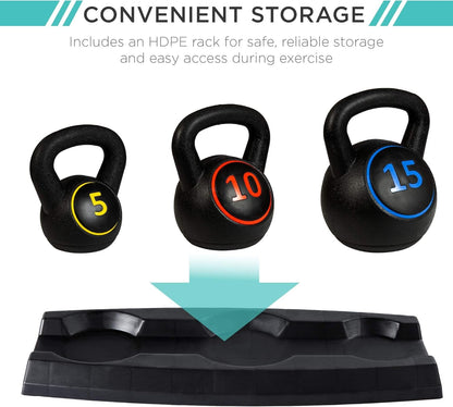 3-Piece Kettlebell Set with Storage Rack, HDPE Coated Exercise Fitness Concrete Weights for Home Gym, Strength Training, HIIT Workout 5Lb, 10Lb, 15Lb