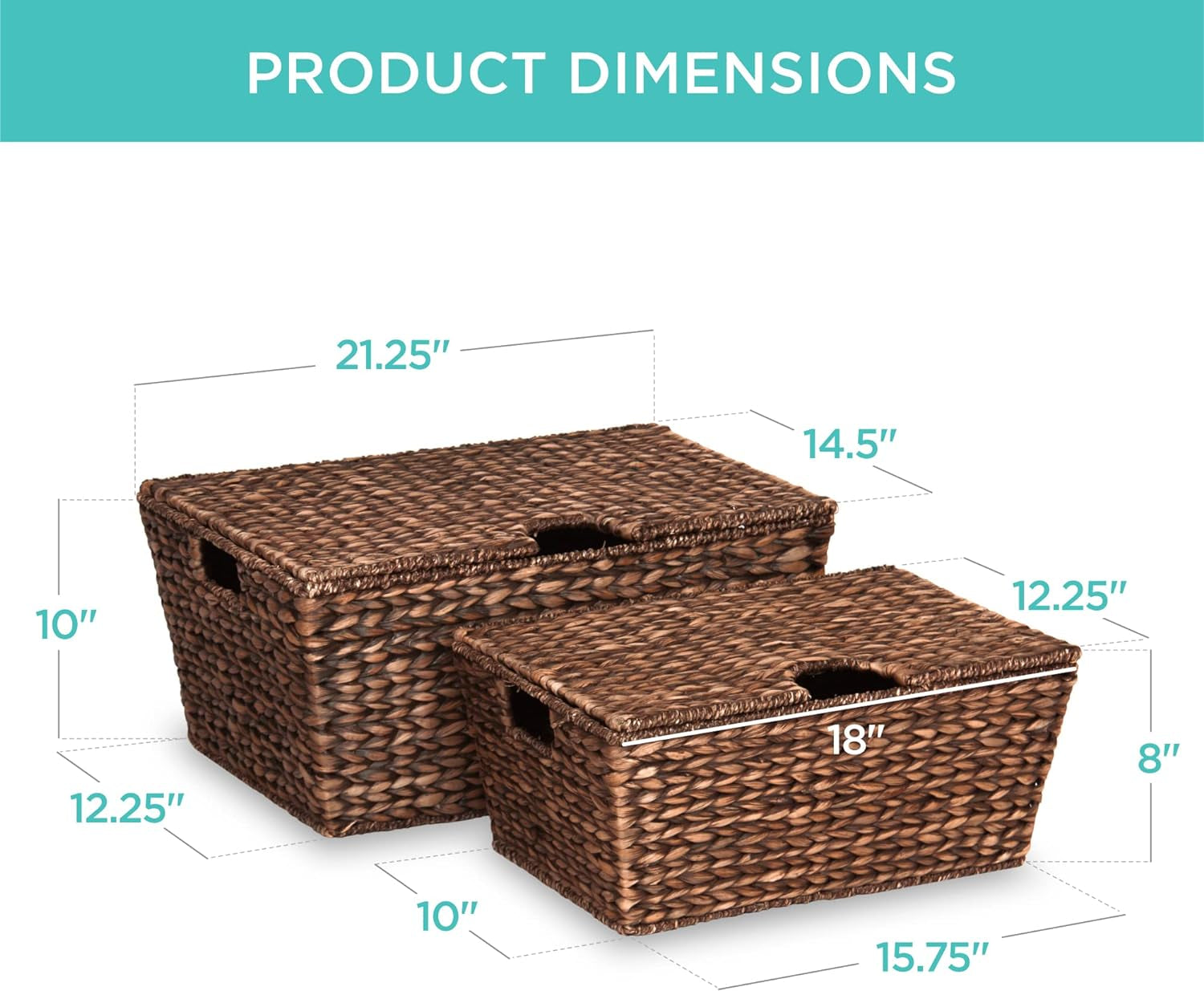 Set of 2 XL Multipurpose Classic Water Hyacinth Chests Oversized Woven Tapered Storage Basket for Organization, Laundry, Decoration W/Attached Lid, Handle Holes