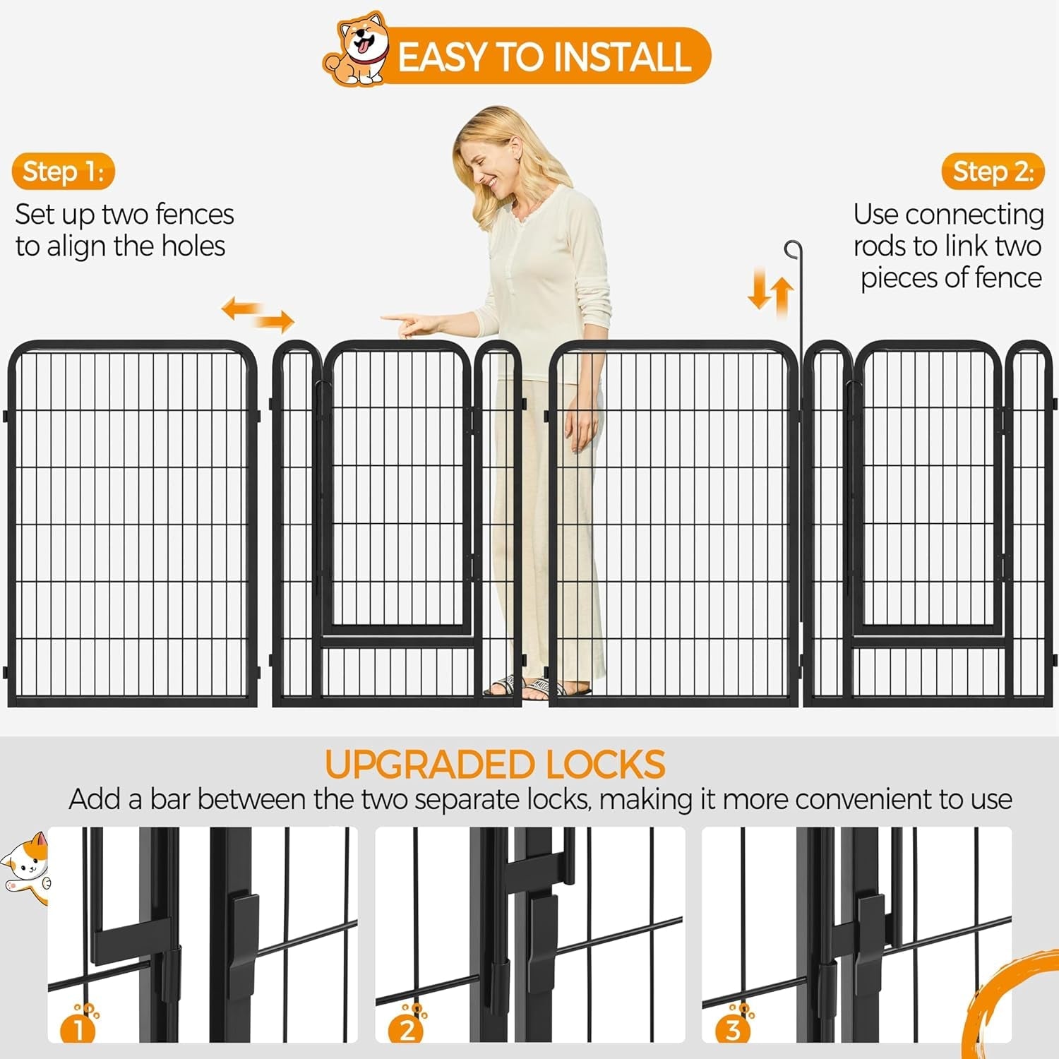 8 Panels Dog Playpen, Metal 40&quot; Dog Fence with Easy-Carry Straps&amp;Stakes Storage Bag for RV Camping Dog Pen Play Pen for Small/Medium/Large Dogs