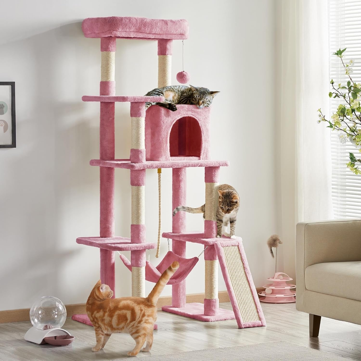 Cat Tree Cat Tower, 63In Multi-Level Cat Tree for Indoor Cats, Tall Cat Tree W/Sisal-Covered Scratching Posts &amp; Condo, Cat Furniture Activity Center for Cats Kitten, Pink