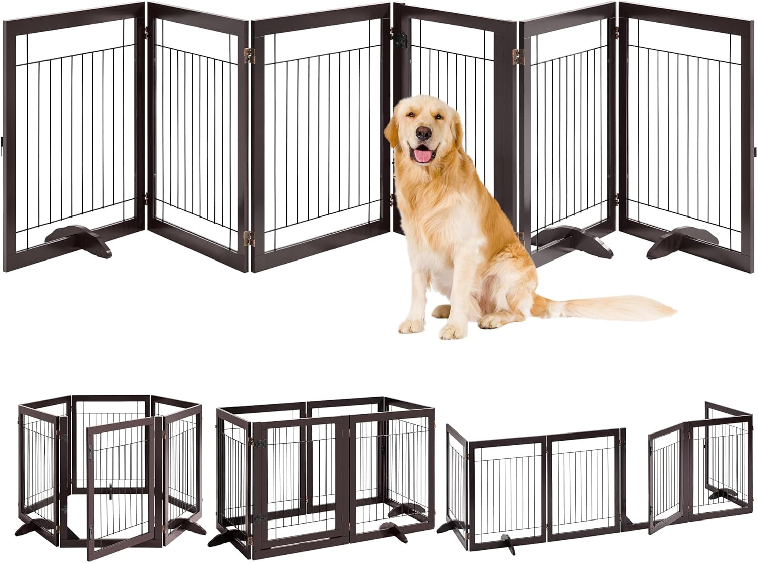 32-Inch Tall Dog Gate Extra Wide Pet Gate for Dogs Indoor Foldable Wire &amp; Wooden Puppy Safety Fence W/2 Support Feet,Freestanding Dog Gate for the House, Doorway, Stairs(White,4 Panels)