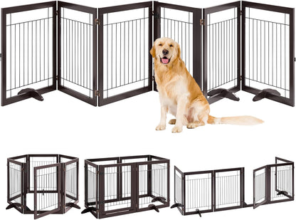 32-Inch Tall Dog Gate Extra Wide Pet Gate for Dogs Indoor Foldable Wire &amp; Wooden Puppy Safety Fence W/2 Support Feet,Freestanding Dog Gate for the House, Doorway, Stairs(White,4 Panels)