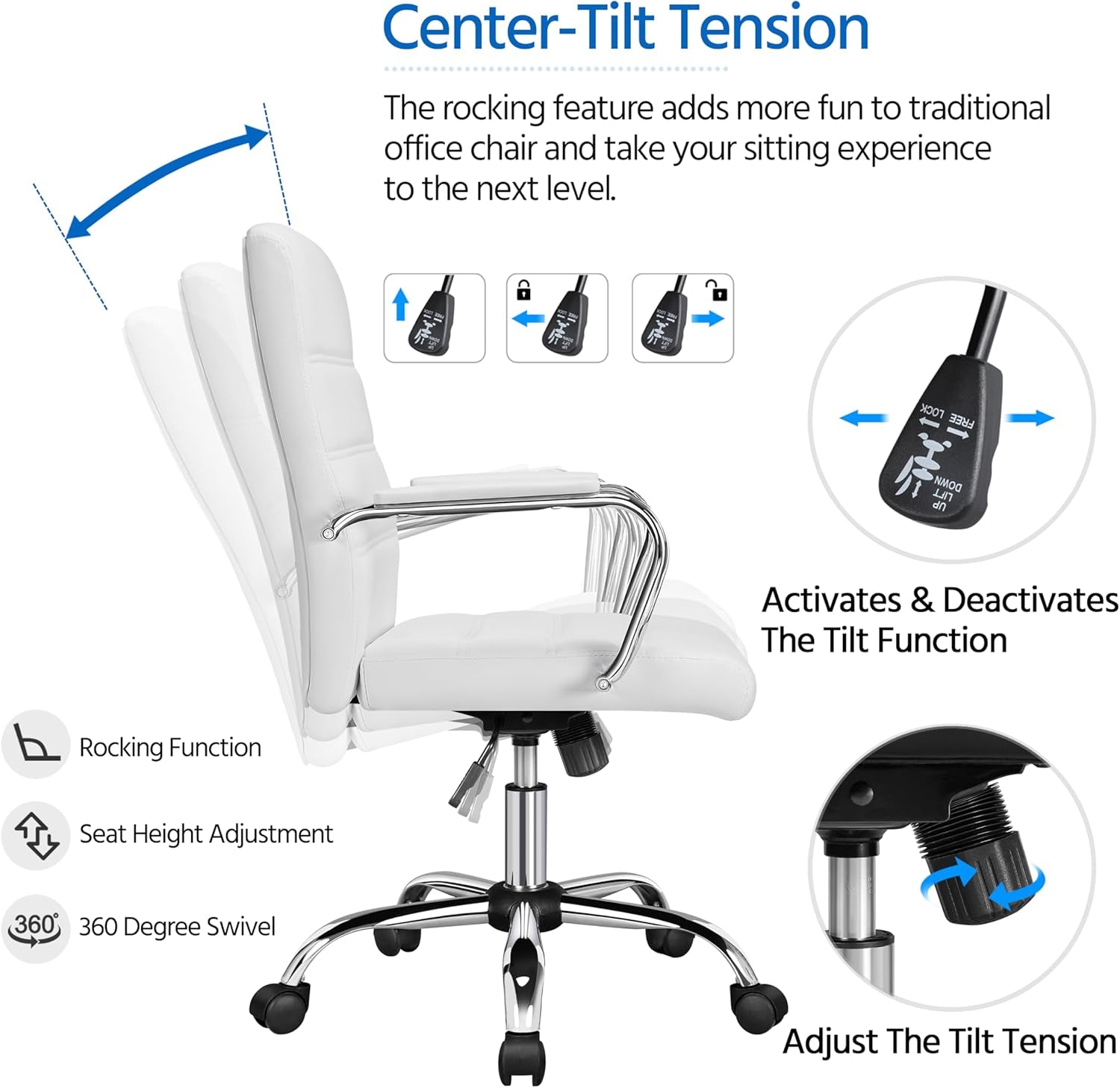 Office Desk Chair Mid-Back Leather Computer Chair Height Adjustable Ergonomic Executive Chair W/Lumbar Support Comfy Thick Padded Armrests and Seat, White