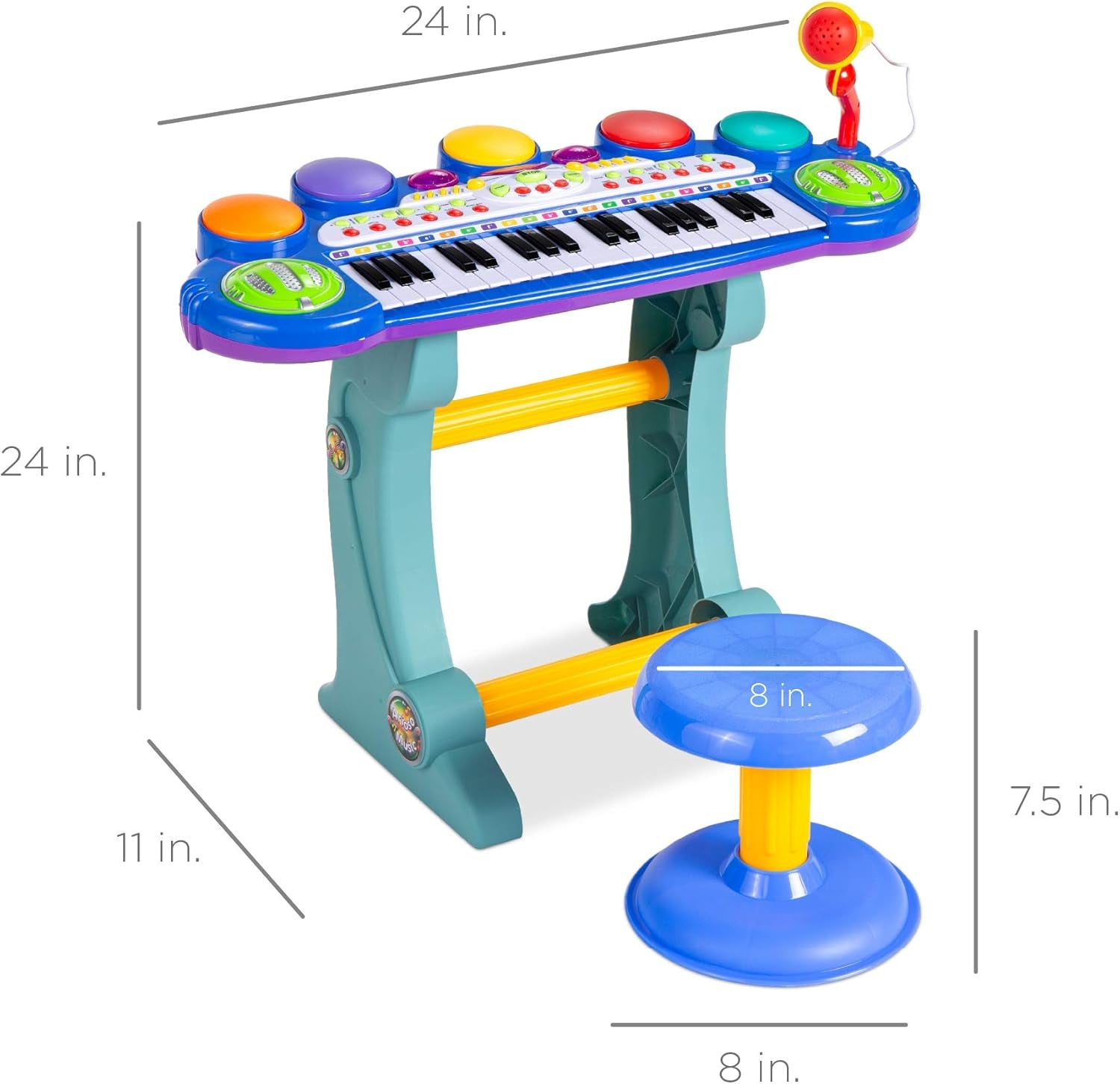 37-Key Kids Electronic Musical Instrument Piano Learning Toy Keyboard W/Multiple Sounds, Lights, Microphone, Stool - Blue