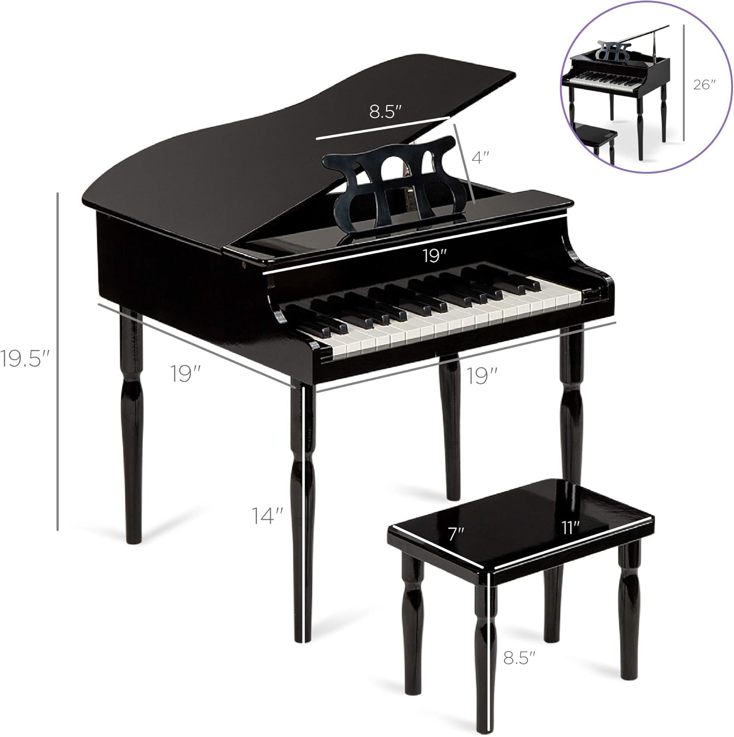 Kids Classic Wooden 30-Key Mini Grand Piano Musical Instrument Toy W/Piano Lid, Bench, Foldable Music Rack, Song Book, Note Stickers, Enamel Finish - Black