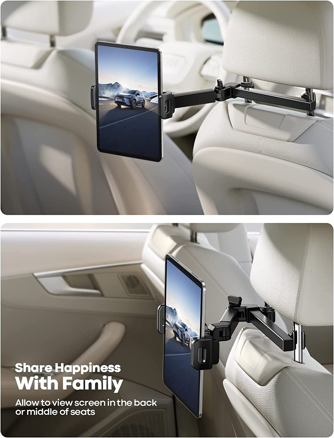 Car Headrest Tablet Holder - [3 in 1 Extension Arm] Adjustable Tablet Car Mount for Back Seat, Road Trip Essentials for Kids, for 4.7-11&quot; Tablet like Ipad Pro, Air, Mini, Galaxy, Fire, Black