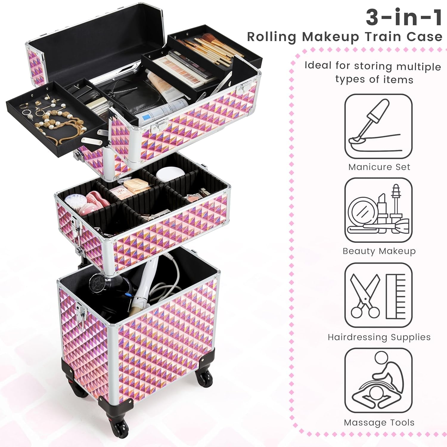 Rolling Makeup Train Case 3 in 1 Cosmetic Case Large Capacity Organizer with Swivel Wheels Key Cosmetic Trolley for Nail Tech Makeup - Pink