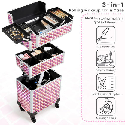 Rolling Makeup Train Case 3 in 1 Cosmetic Case Large Capacity Organizer with Swivel Wheels Key Cosmetic Trolley for Nail Tech Makeup - Pink