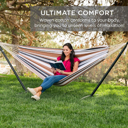 Double Hammock with Steel Stand, Indoor Outdoor Brazilian-Style Cotton Bed W/Carrying Bag, 2-Person Capacity - Desert Stripes