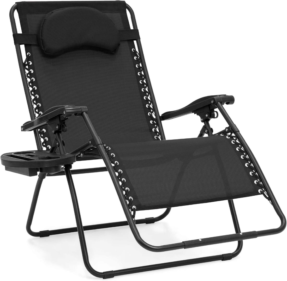 Oversized Zero Gravity Chair, Folding Outdoor Patio Lounge Recliner W/Cup Holder Accessory Tray and Removable Pillow - Black