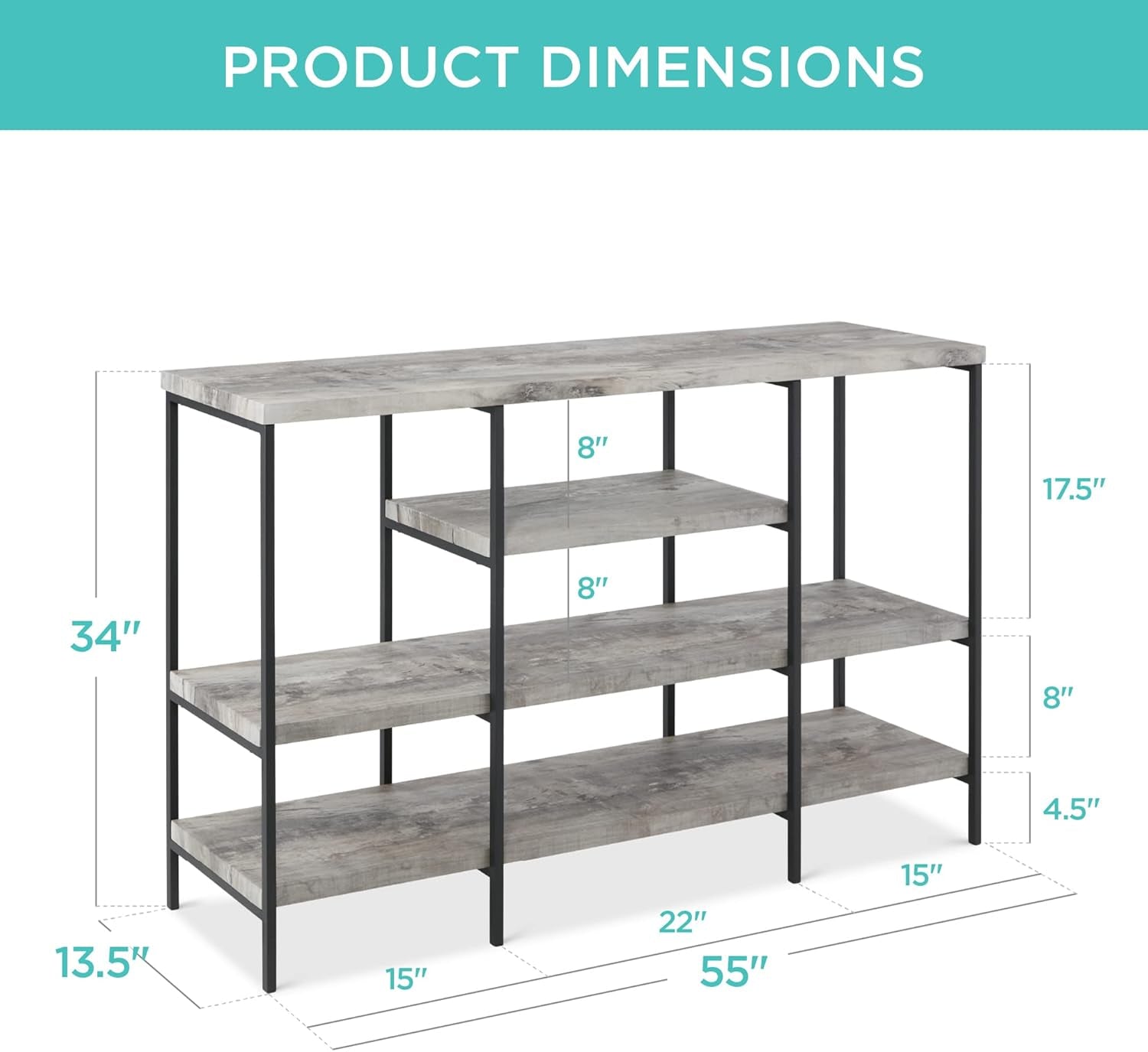 Large Console Table, 4-Tier 55In Rustic, Industrial Sofa Table Storage for Living Room, Entryway, Foyer, Hallway W/Eva Non-Scratch Feet, Steel Frame - Gray