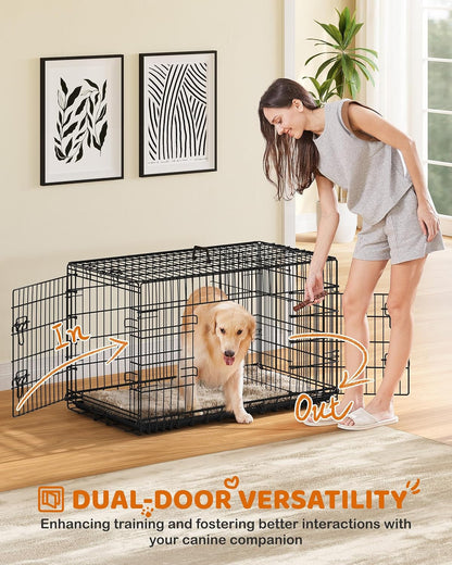 42 Inch Dog Crate Double Door Dog Crate W/Divider for Puppy to Adult XL Collapsible Metal Dog Crate with Removable Tray Wire Dog Kennel Pet Crate for Large Dogs Portable Travel Cage, Black