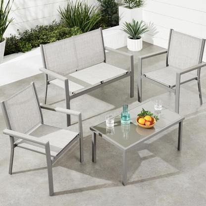 4-Piece Outdoor Textilene Patio Conversation Set, Backyard Furniture W/Loveseat, Coffee Table, Steel Frame - Taupe/Charcoal