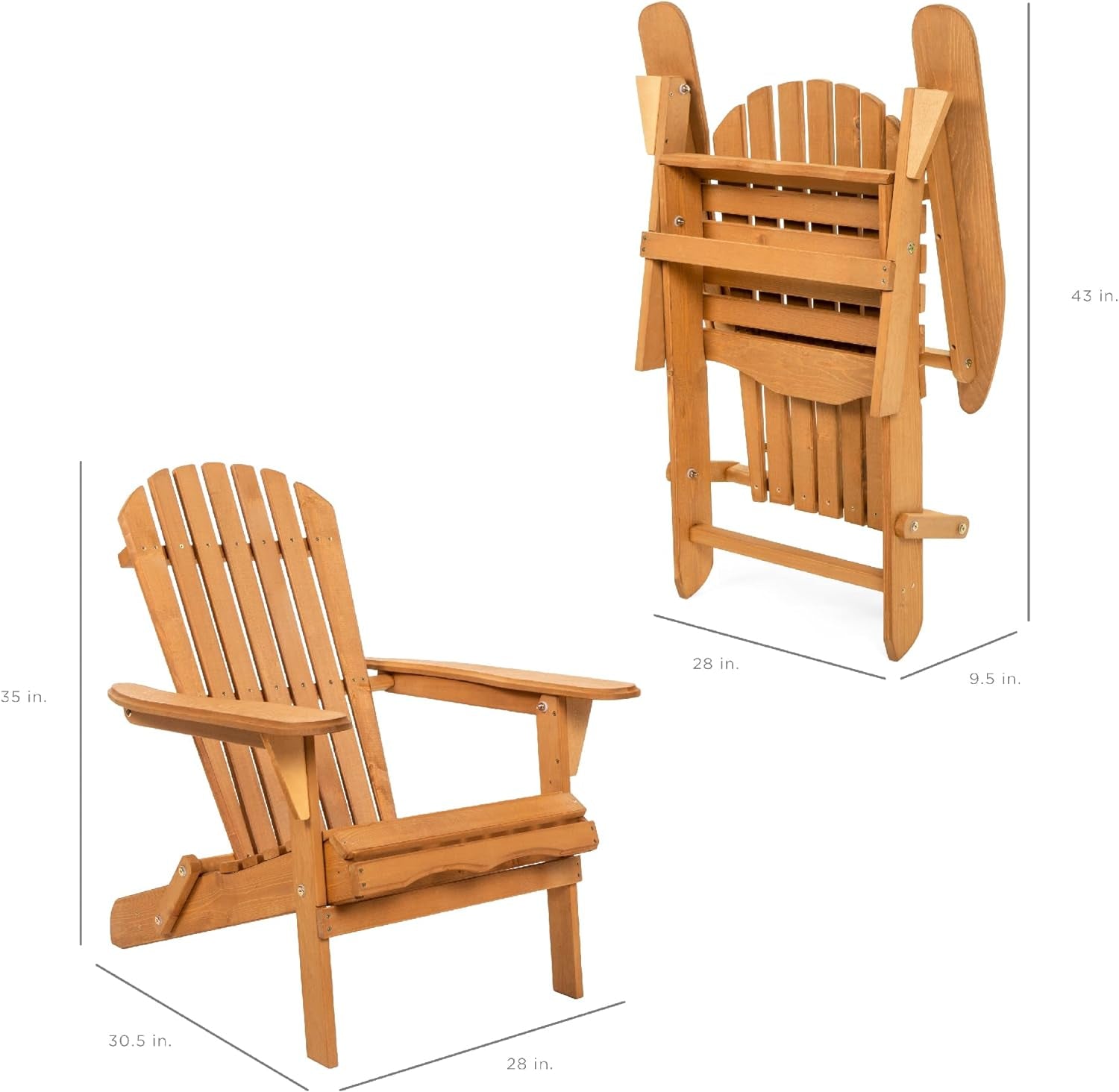 Folding Adirondack Chair Outdoor Wooden Accent Furniture Fire Pit Lounge Chairs for Yard, Garden, Patio W/ 350Lb Weight Capacity - Natural