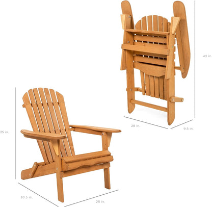 Folding Adirondack Chair Outdoor Wooden Accent Furniture Fire Pit Lounge Chairs for Yard, Garden, Patio W/ 350Lb Weight Capacity - Natural