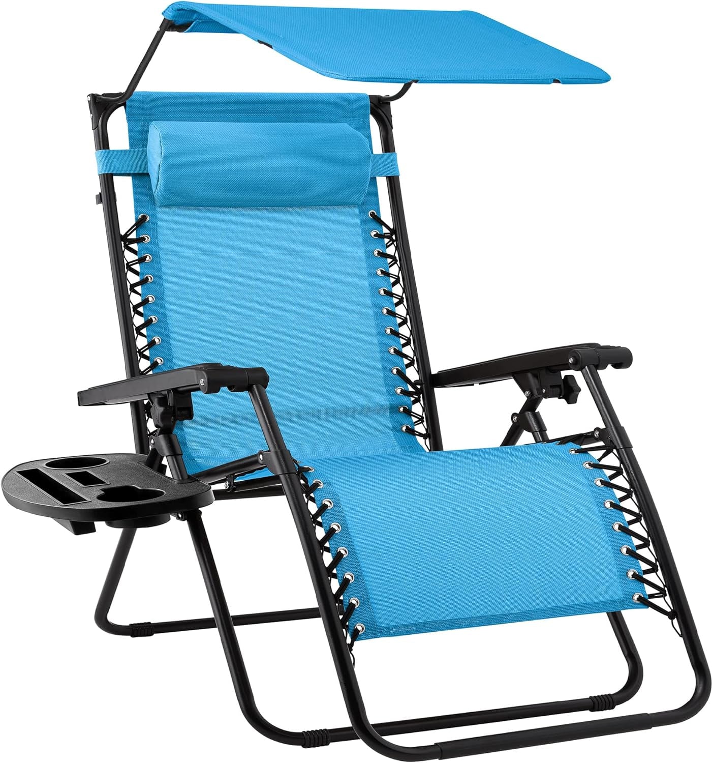 Folding Zero Gravity Outdoor Recliner Patio Lounge Chair W/Adjustable Canopy Shade, Headrest, Side Accessory Tray, Textilene Mesh - Navy Blue