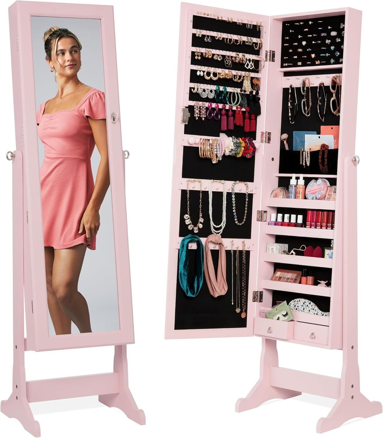 Freestanding Jewelry Armoire Cabinet, Full Length Standing Mirror, Lockable Makeup Storage Organizer, W/Velvet Lining, 3 Angles, Lock, Accessory Pouch, 5 Shelves - Sage