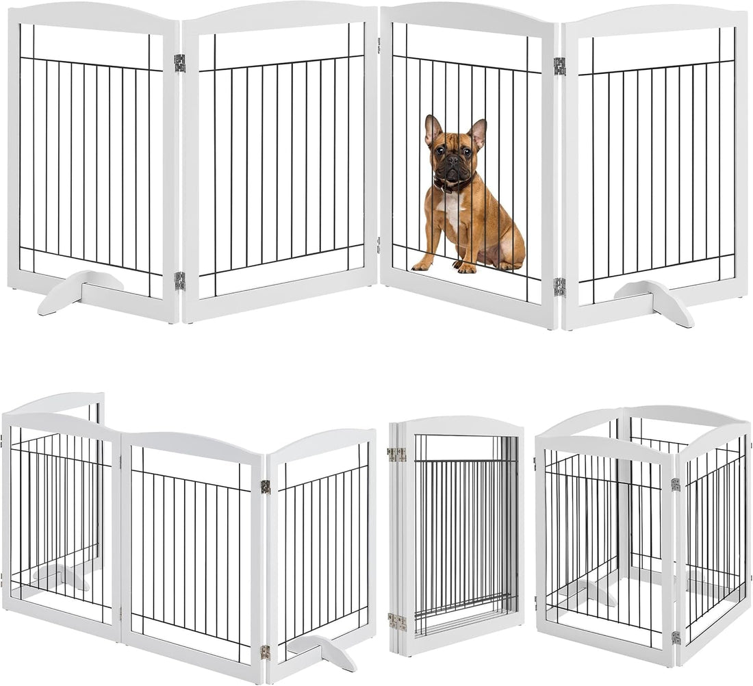 32-Inch Tall Dog Gate Extra Wide Pet Gate for Dogs Indoor Foldable Wire &amp; Wooden Puppy Safety Fence W/2 Support Feet,Freestanding Dog Gate for the House, Doorway, Stairs(White,4 Panels)