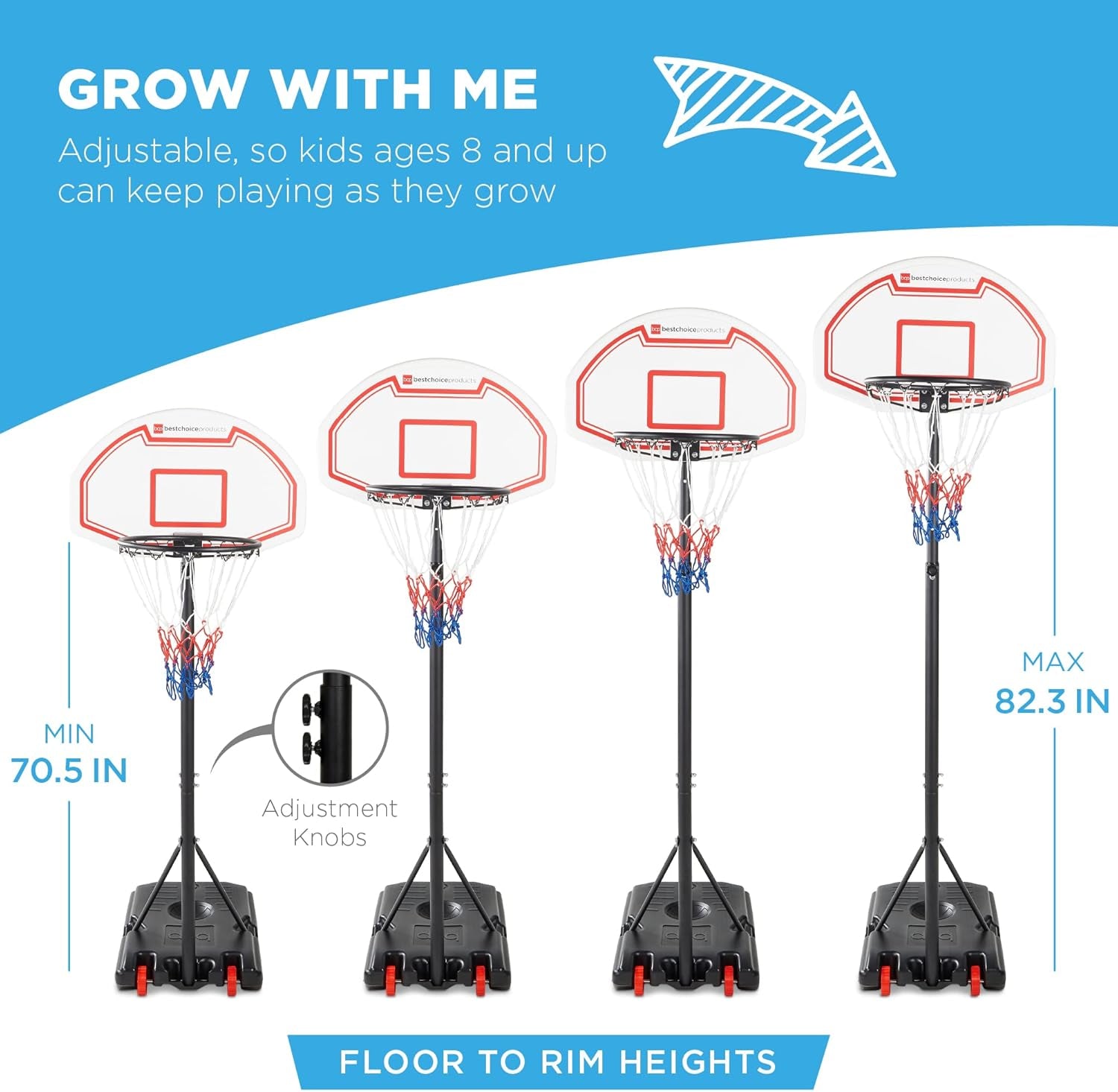 Kids Height-Adjustable Basketball Hoop, Portable Backboard Set W/ 2 Wheels, Fillable Base, 70.5In to 82.3In Tall