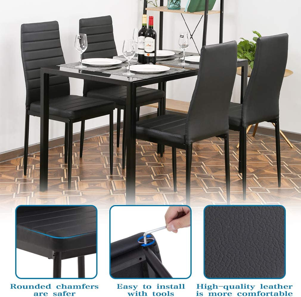 Dining Table Set Glass Dining Room Table Set for Small Spaces Kitchen Table and Chairs for 4 Table with Chairs Home Furniture Rectangular Modern (Black Glass)